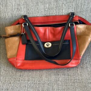 Coach Orange /Navy Blue/Tan Leather Shoulder Bag. Navy Blue Lining.
